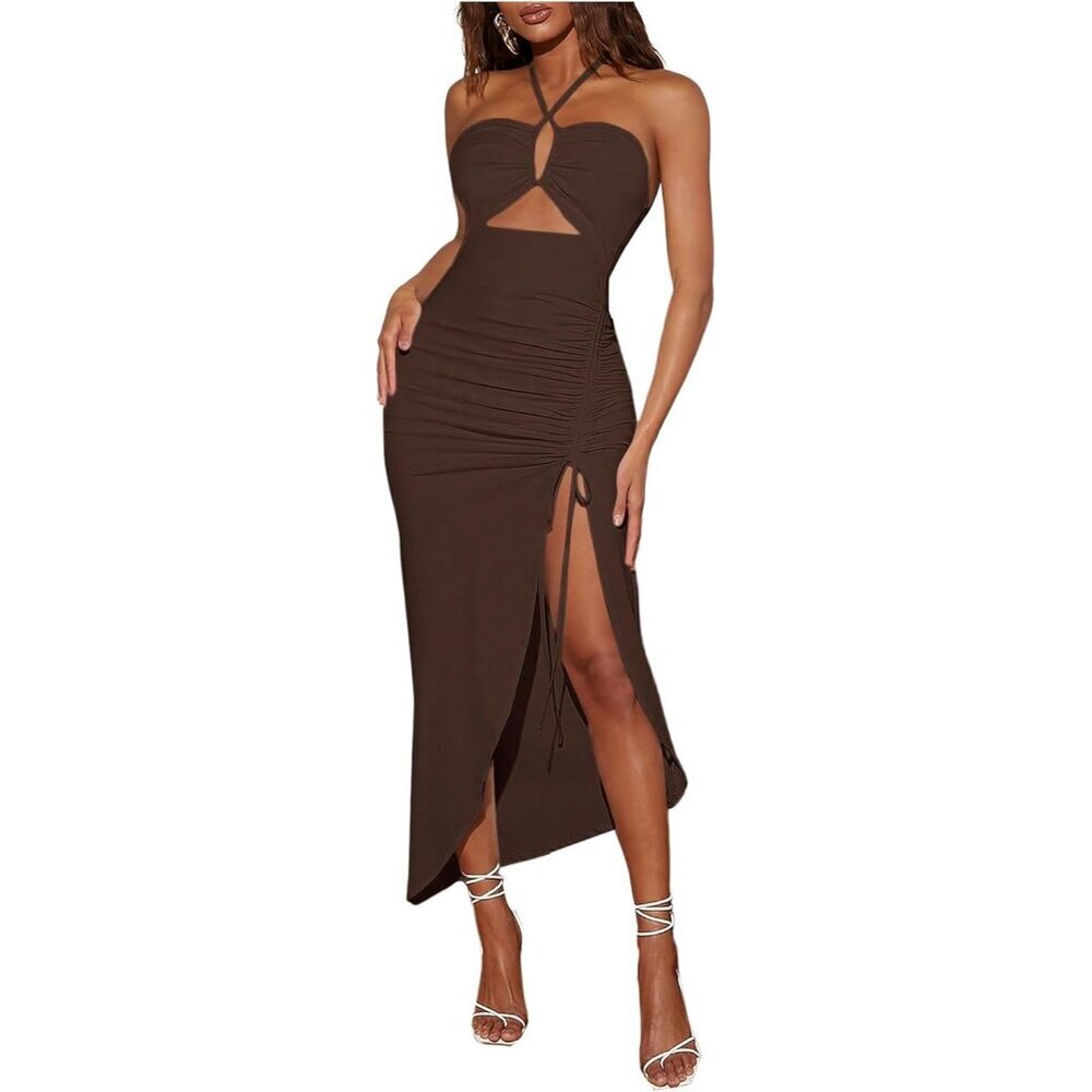 Women's Ruched Halter Dress Maxi Swimsuit Cover Up Night Out Vacation